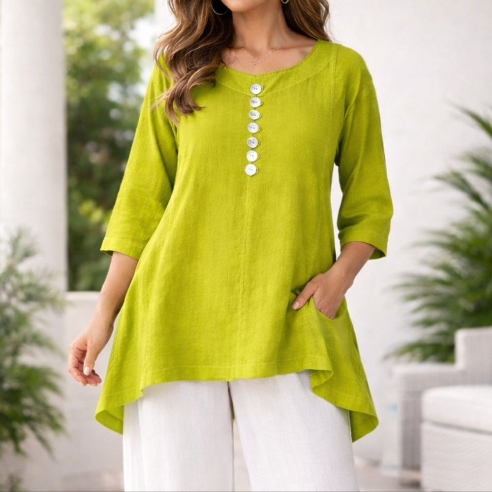 100% Linen Lime Small Tunic Oversize Lagenlook Assymetrical Hem Fridaze